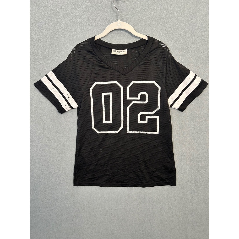 No Boundaries Womens Black Mesh Football Jersey Shirt 02 Graphic V-Neck Small